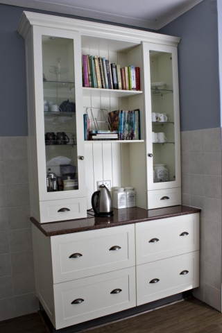 Mdf white painted shaker welsh dresser with glass doors and pot drawer and tongue and groove back